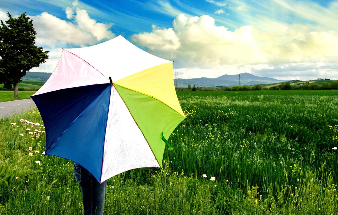 Photo wallpaper greens, white, the sky, grass, leaves, girl, the sun, clouds