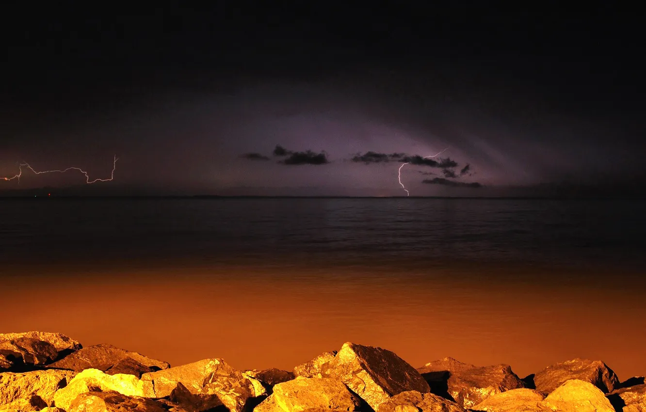 Photo wallpaper sea, the storm, night, stones, lightning