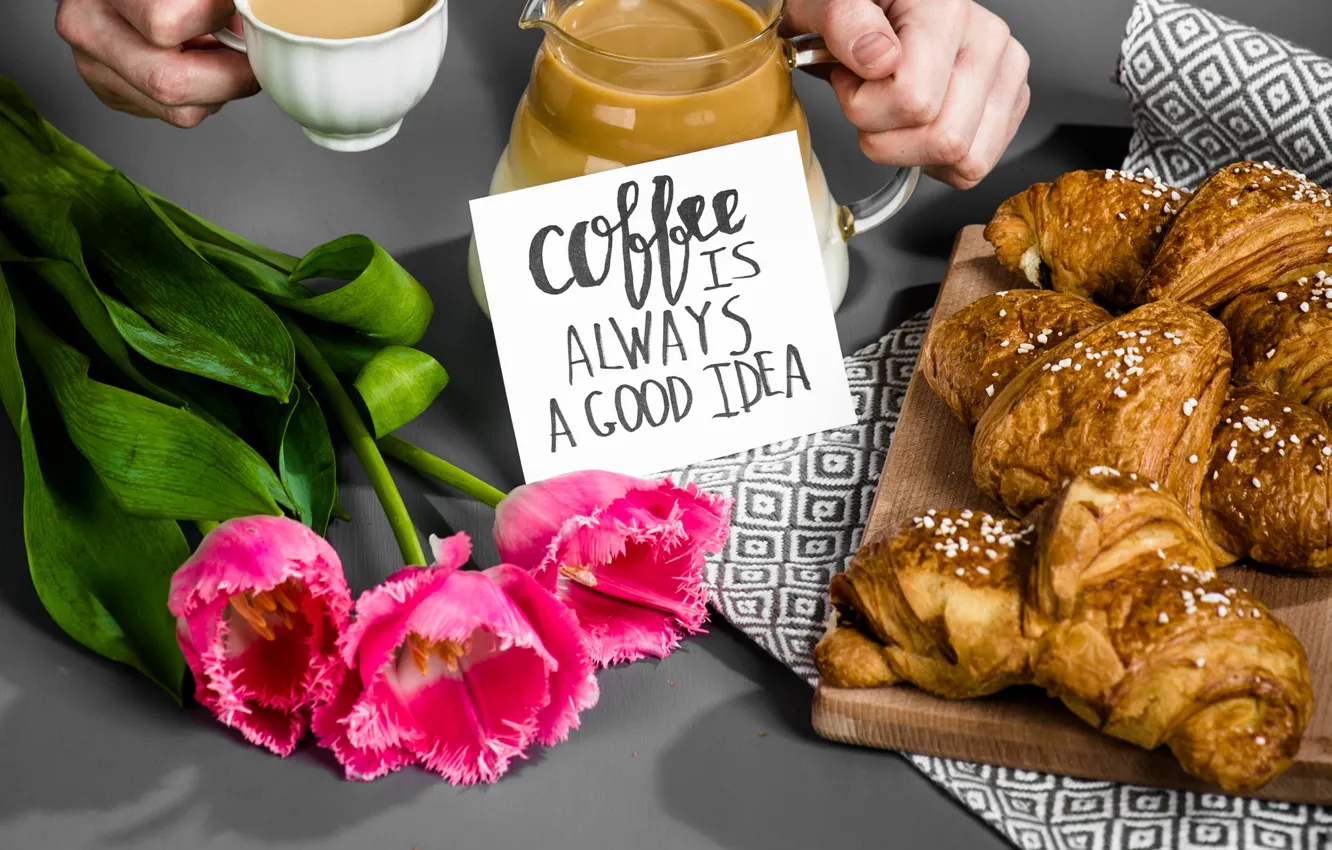 Photo wallpaper coffee, Breakfast, Cup, tulips, pink, cup, tulips, coffee