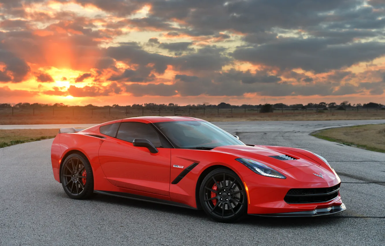 Photo wallpaper Sunset, Red, Auto, Corvette, Chevrolet, Machine, Tuning, Car