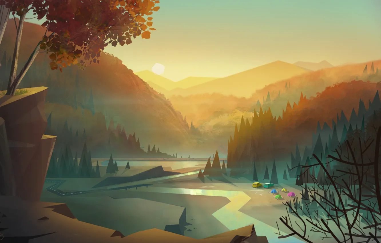 Photo wallpaper Sunset, Mountains, Figure, Vector, Trees, River, Forest, Dawn