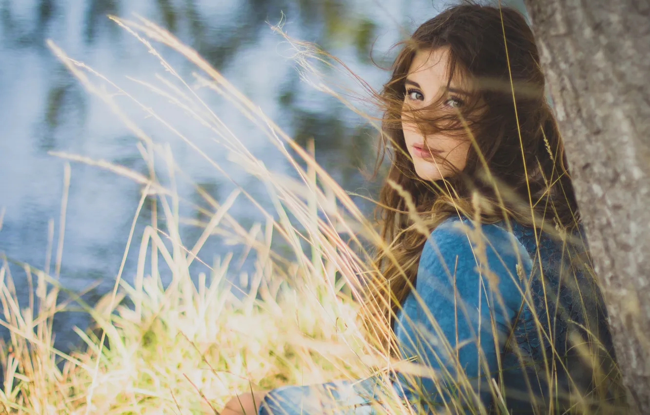 Photo wallpaper grass, look, girl, trees, nature, lake, mood, the wind