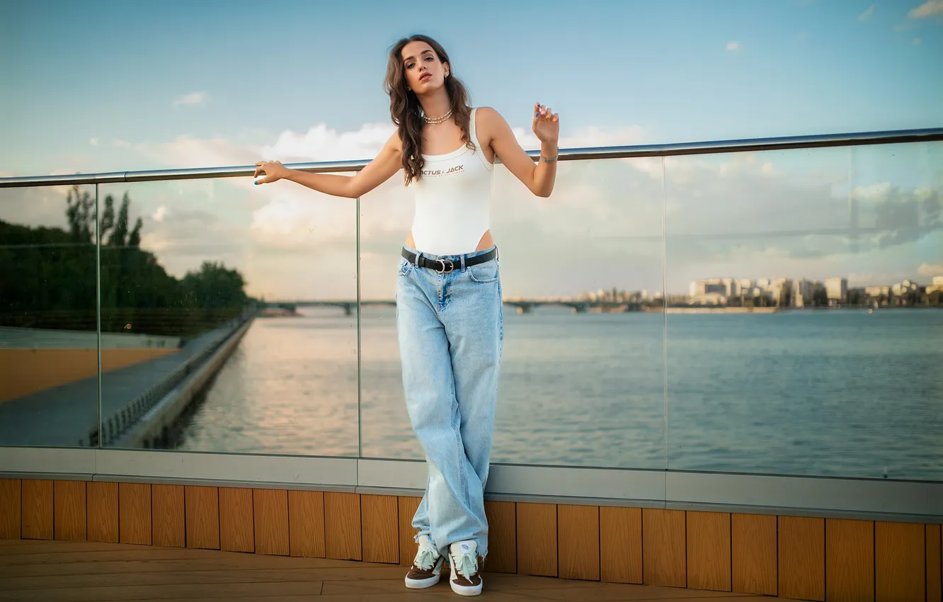 Photo wallpaper girl, pose, river, jeans, hands, figure, body, Dmitry Shulgin