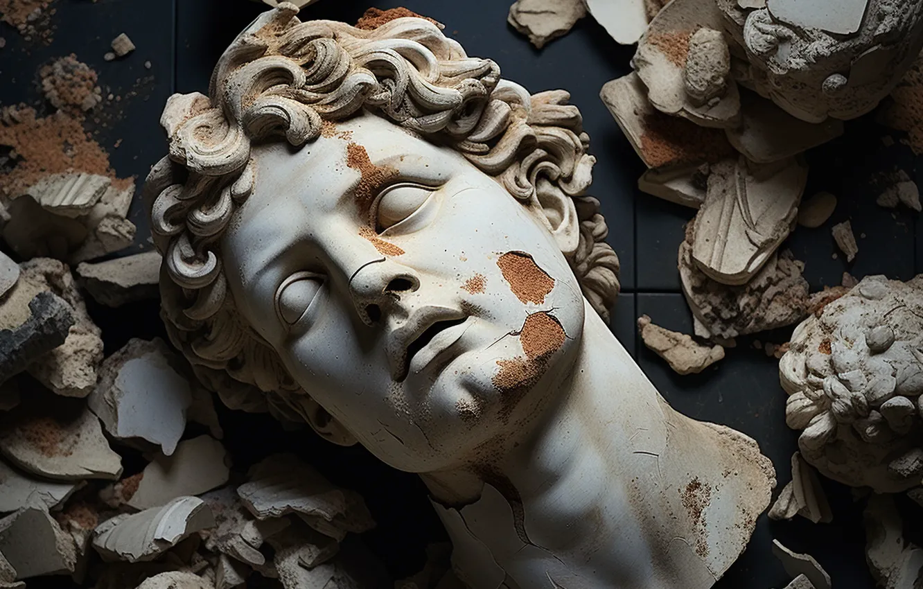 Photo wallpaper head, sculpture, bust, damaged, digital art, AI art, The Art of Artificial Intelligence, Greek bust