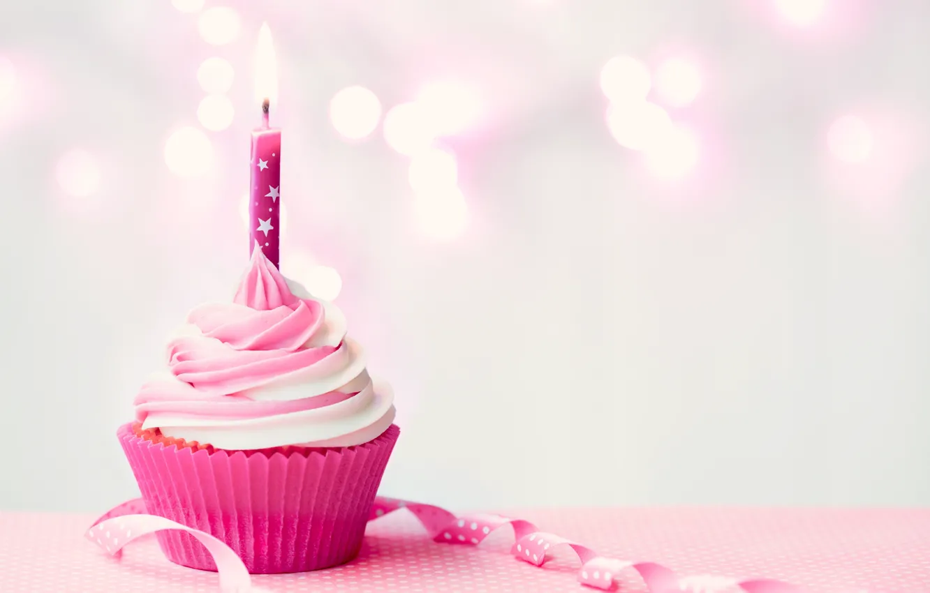 Photo wallpaper birthday, candle, cream, Happy Birthday, pink, cupcake, cupcake, candle