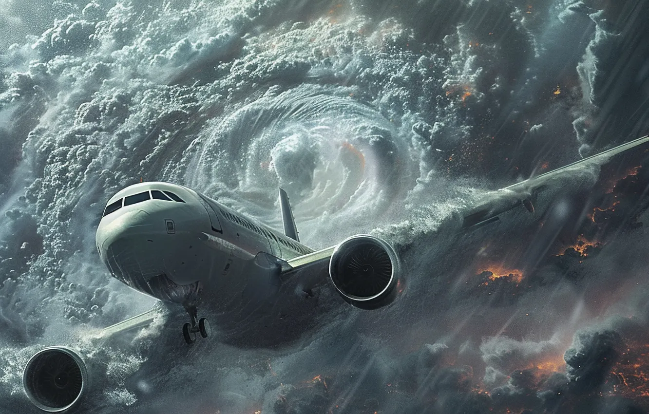 Photo wallpaper flight, clouds, rain, the portal, hurricane, the plane, AI art, The Art of Artificial Intelligence