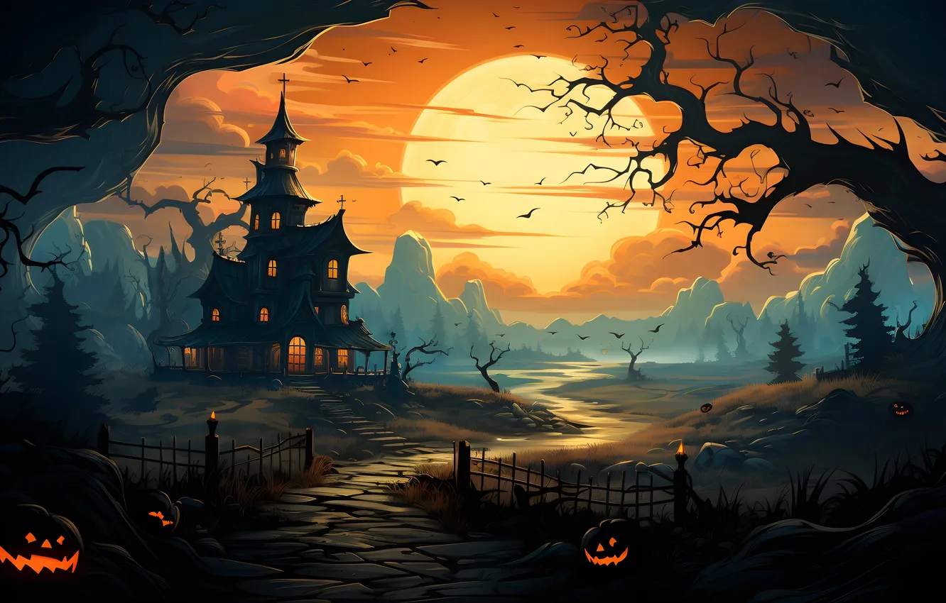 Photo wallpaper road, trees, lights, the moon, the fence, home, the evening, Halloween