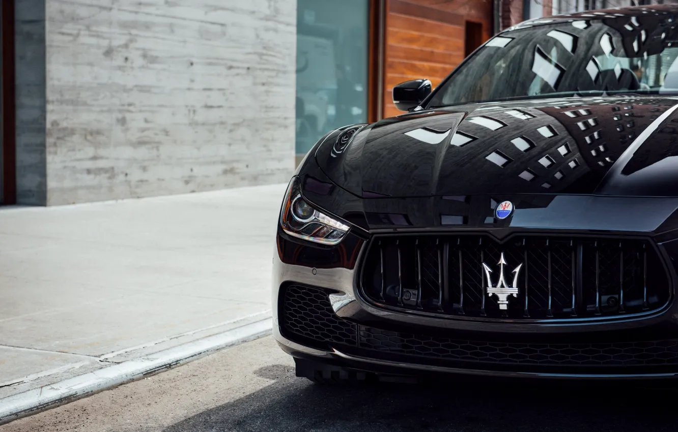 Photo wallpaper Maserati, logo, close-up, Ghibli, Maserati Ghibli Nrissimo