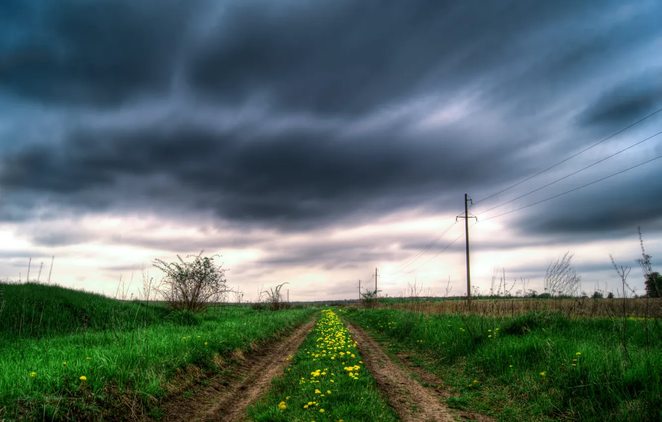 Photo wallpaper road, field, grass, clouds