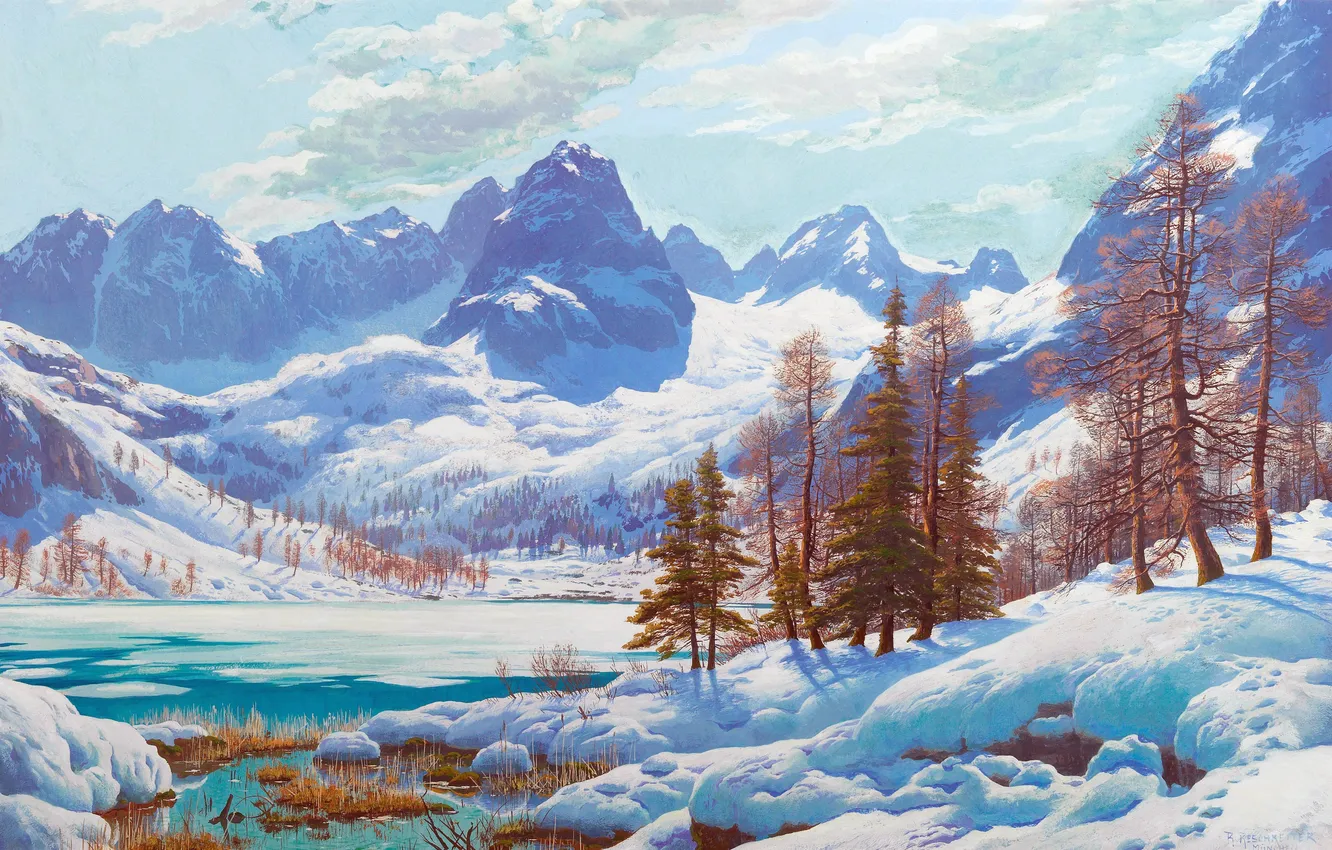 Photo wallpaper winter, snow, trees, mountains, lake, picture, German artist, Rudolf Reschreiter