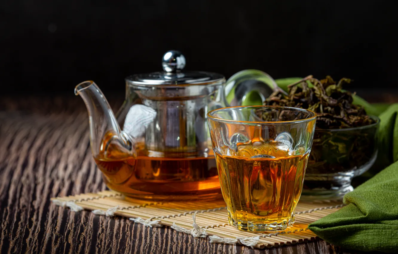 Photo wallpaper glass, glass, table, tea, Board, towel, kettle, the tea party