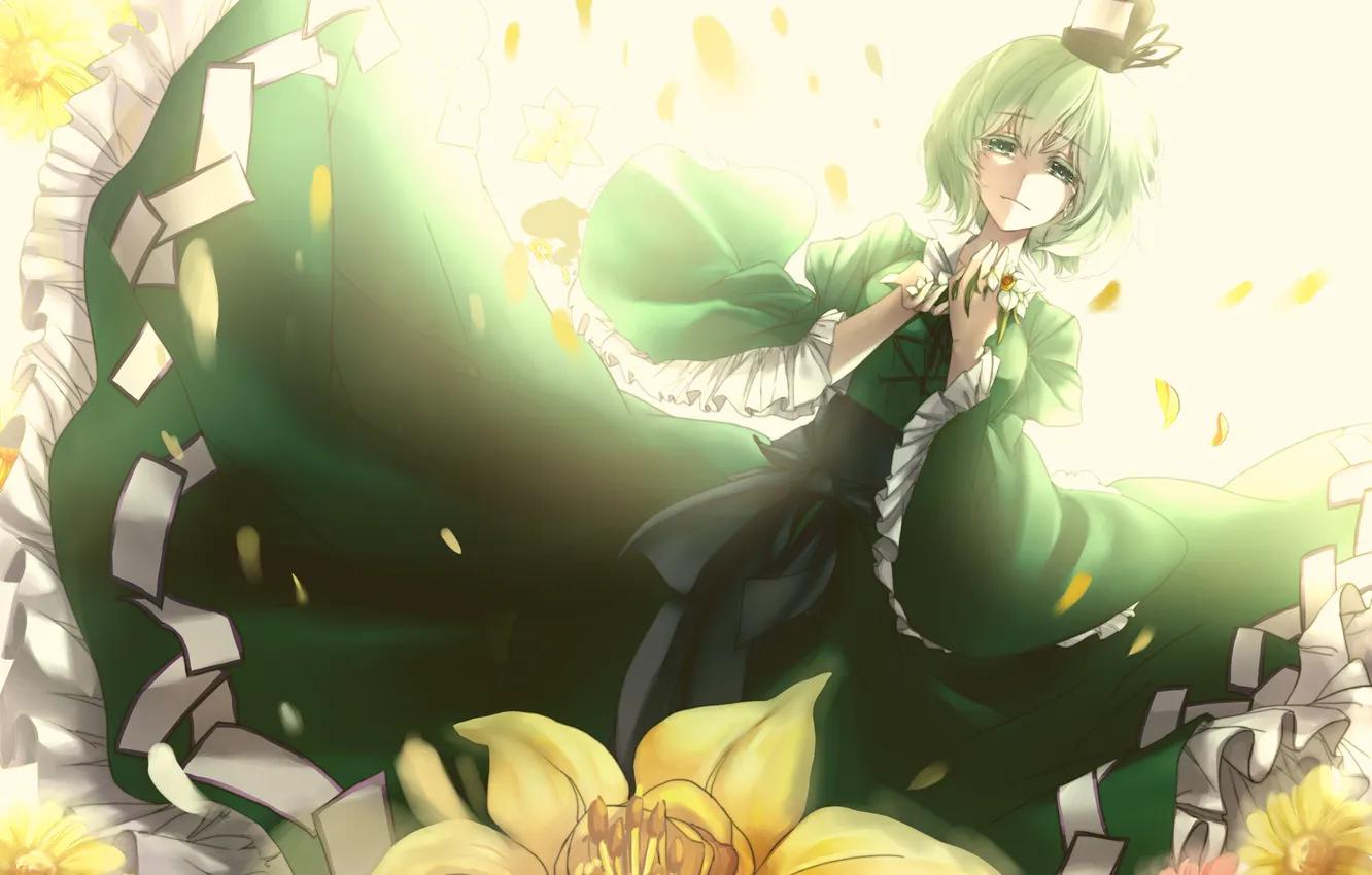 Photo wallpaper girl, flowers, the wind, hat, anime, petals, art, touhou
