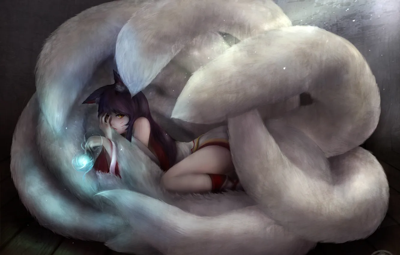 Photo wallpaper girl, magic, art, tail, ears, League of Legends, Ahri, zhang xiao bo