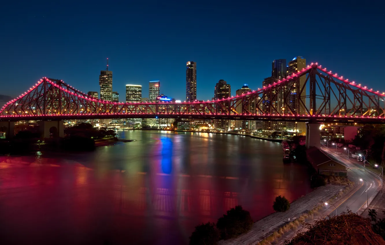 Photo wallpaper road, bridge, the city, lights, the evening, skyscrapers