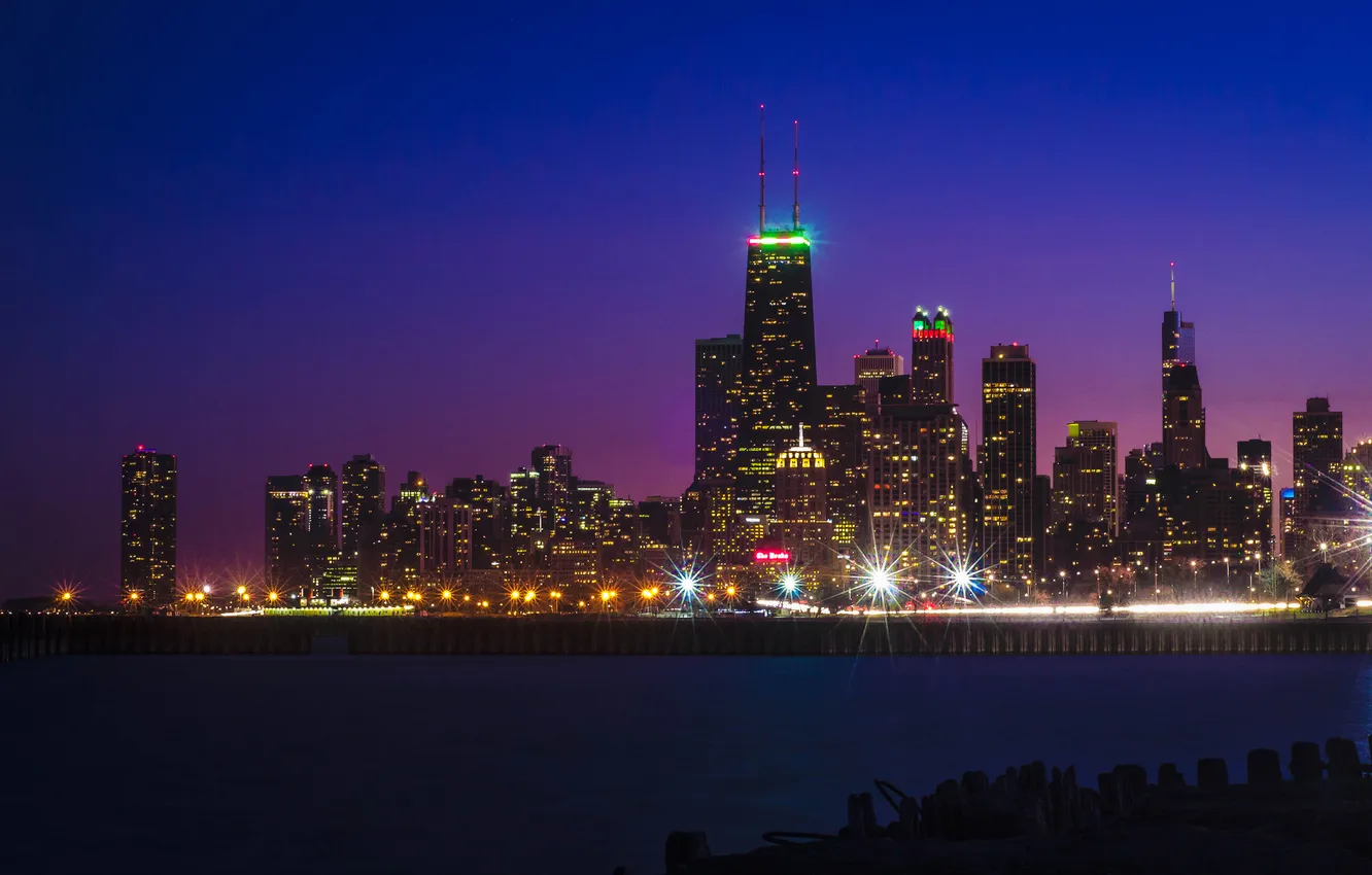 Photo wallpaper sunset, night, lights, reflection, Chicago, Il, lake Michigan, The John Hancock Center