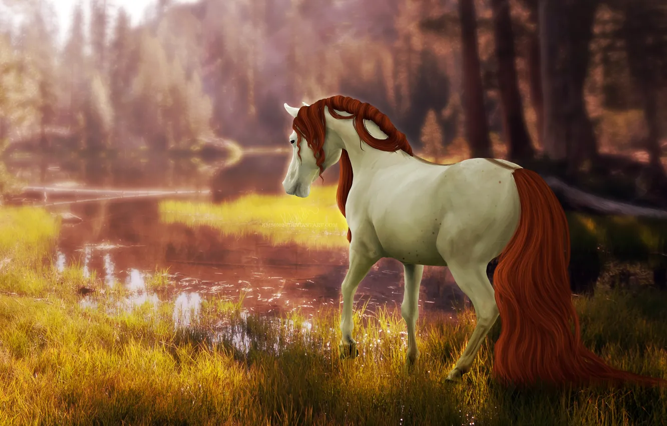 Photo wallpaper forest, nature, river, horse, by ellipsiem