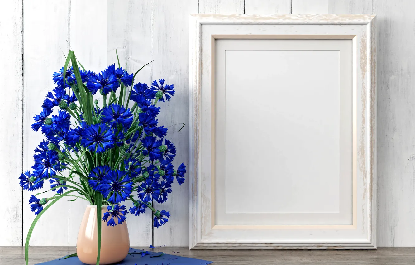 Photo wallpaper flowers, blue, bouquet, vase, cornflowers