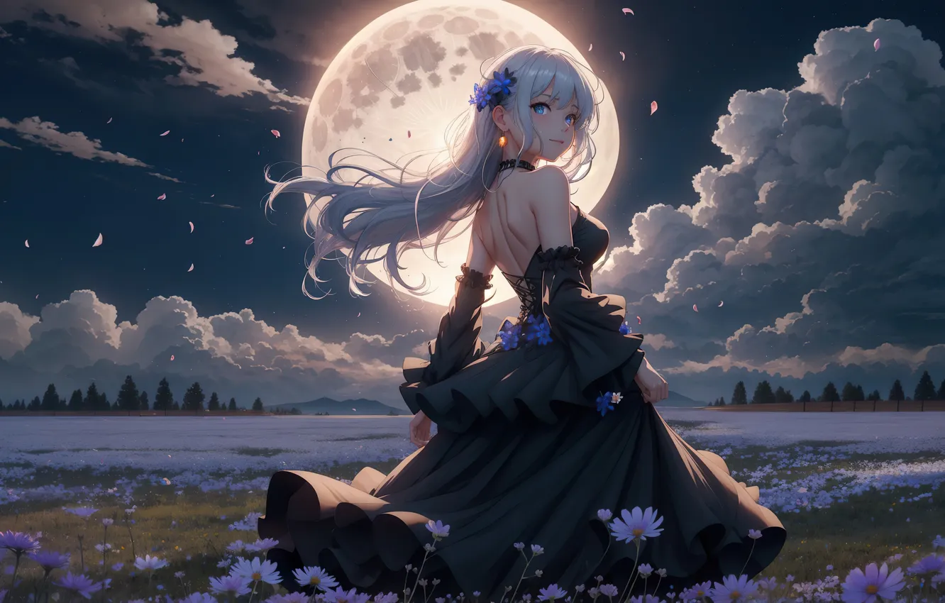 Photo wallpaper field, look, girl, flowers, night, the wind, the moon, dress