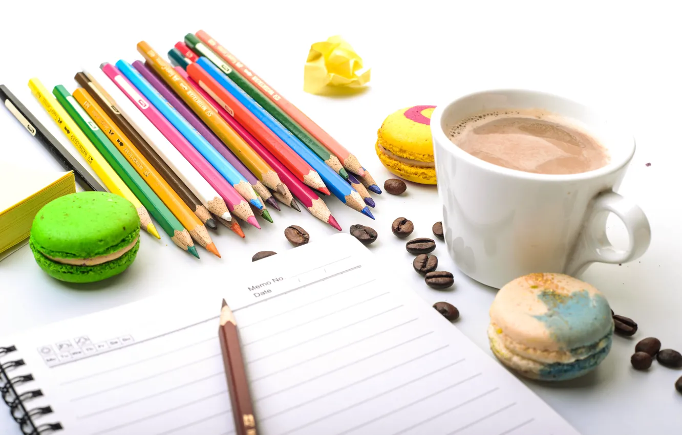 Photo wallpaper coffee, food, pencils, cookies, macaron