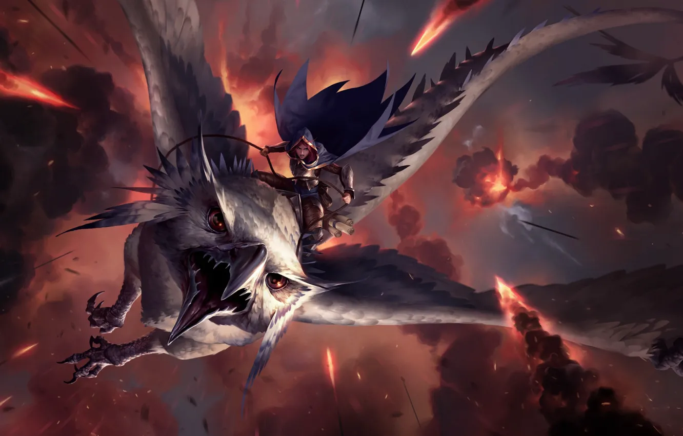 Photo wallpaper girl, the explosion, bird, bird of prey, Legends of Runeterra