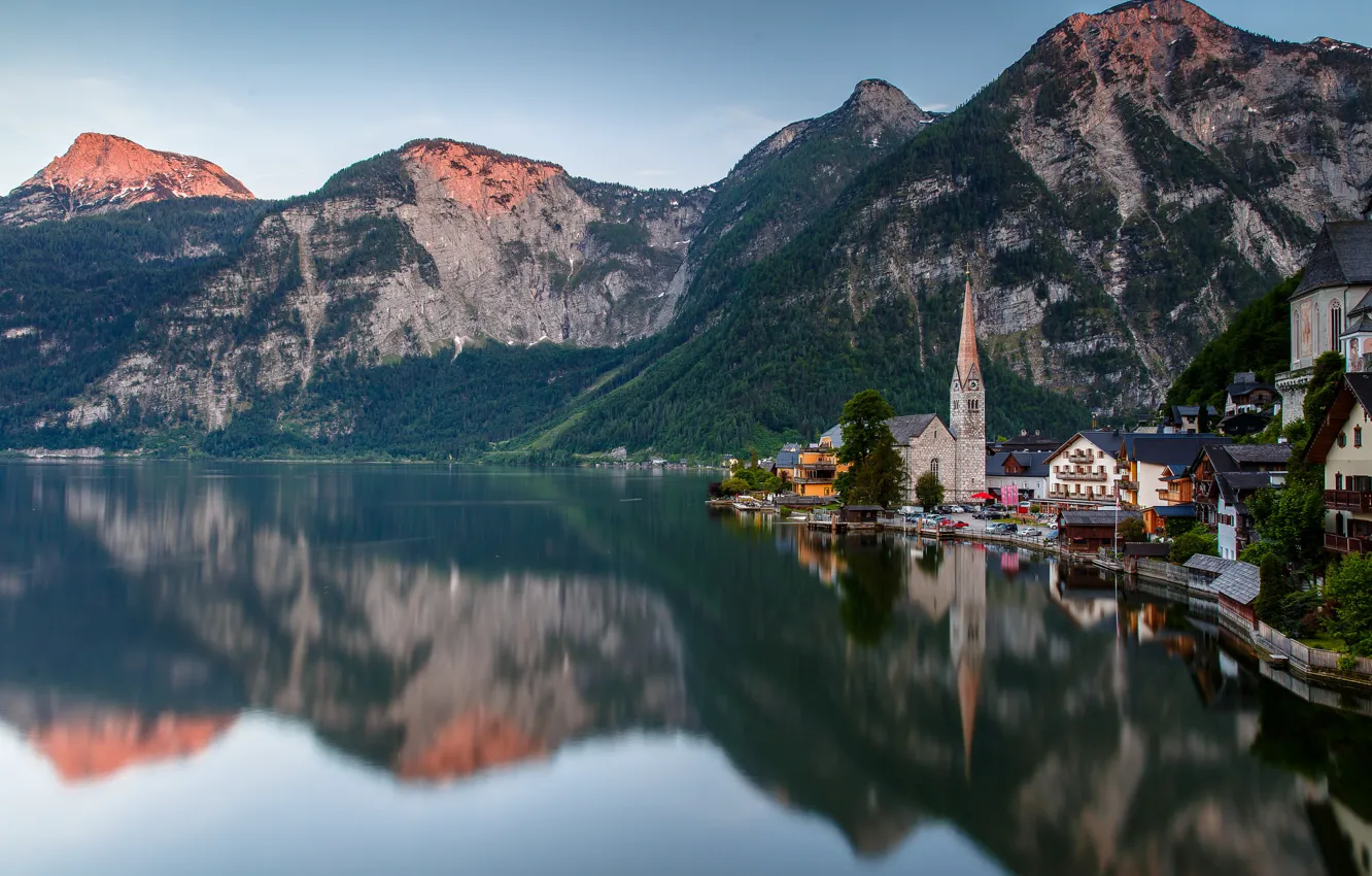 Photo wallpaper mountains, lake, home, Austria, Hallstatt