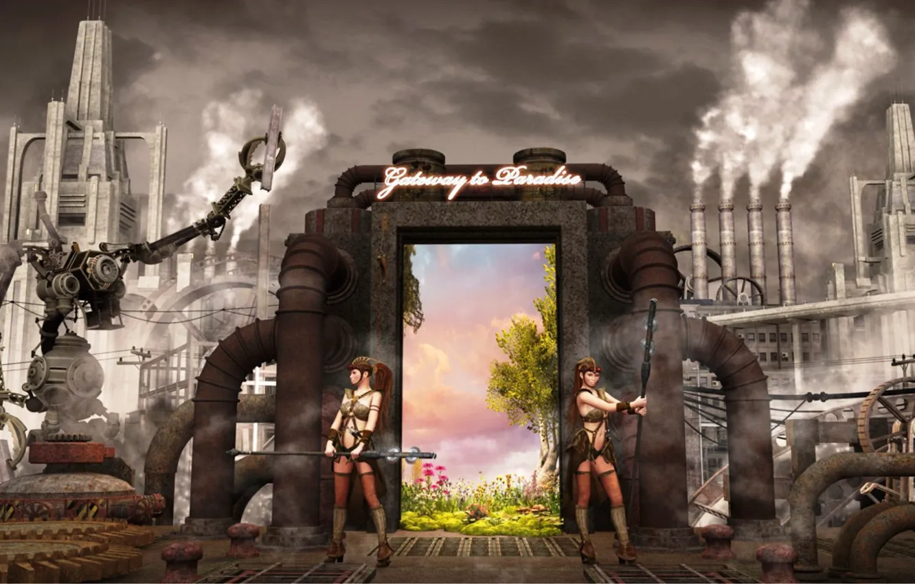 Photo wallpaper the sky, trees, flowers, smoke, mechanism, the portal, wheel, pipe