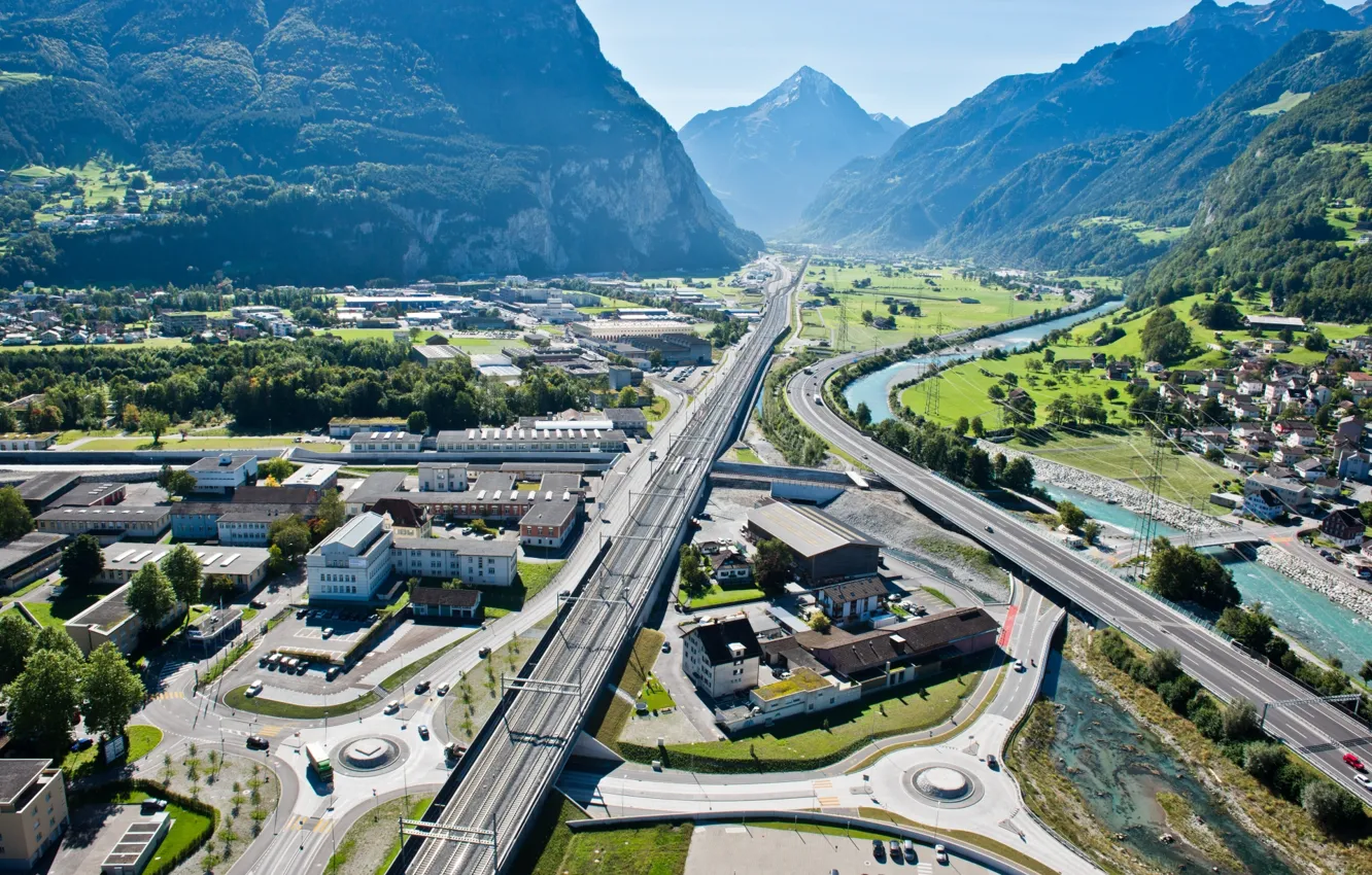 Photo wallpaper mountains, the city, valley, freeway