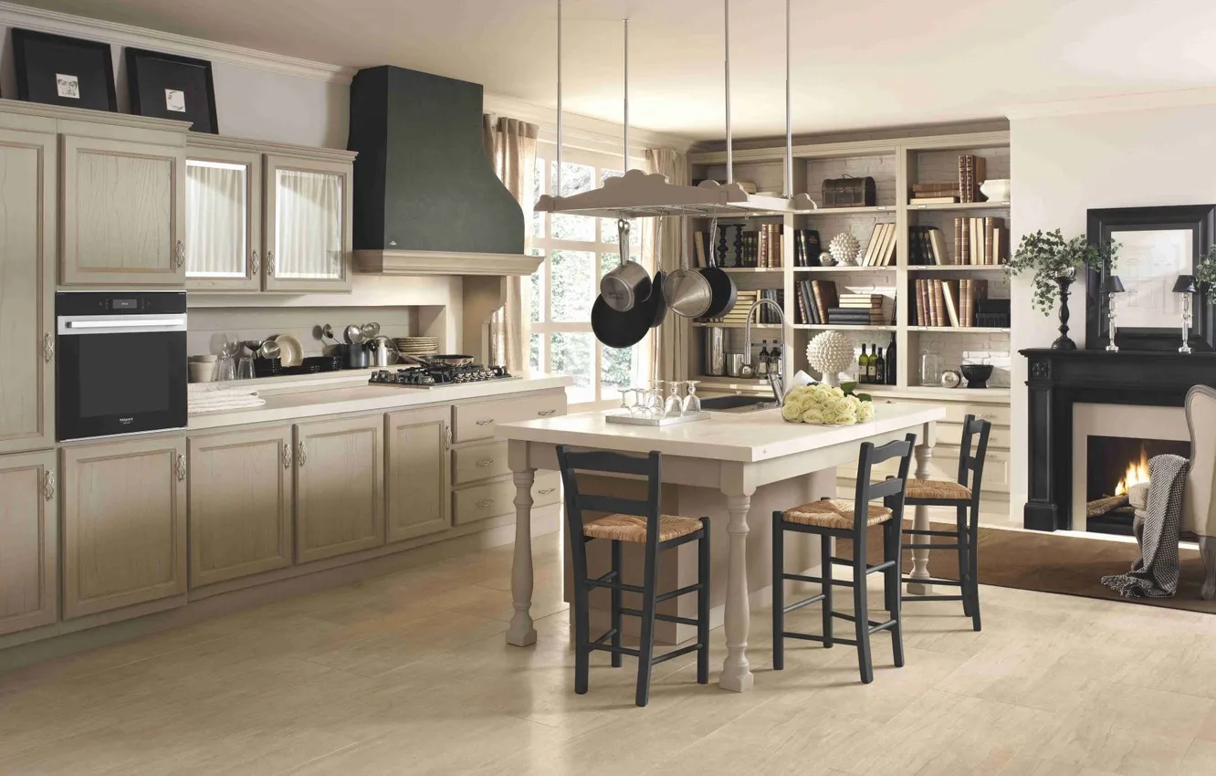 Photo wallpaper style, Villa, interior, chair, Italy, kitchen, fireplace, library