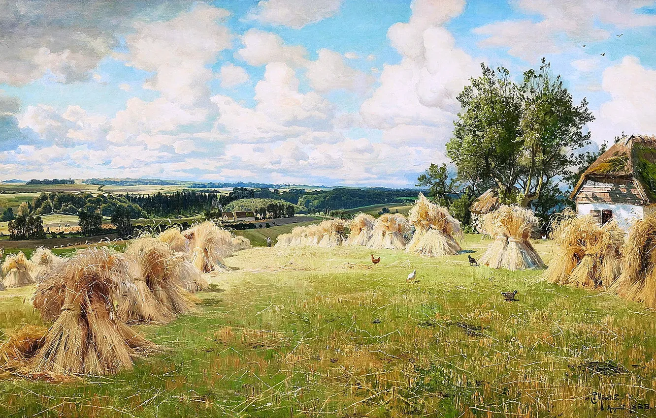 Photo wallpaper field, clouds, home, picture, stack, Peder Mork Monsted, Danish painter, Peder Mørk Mønsted