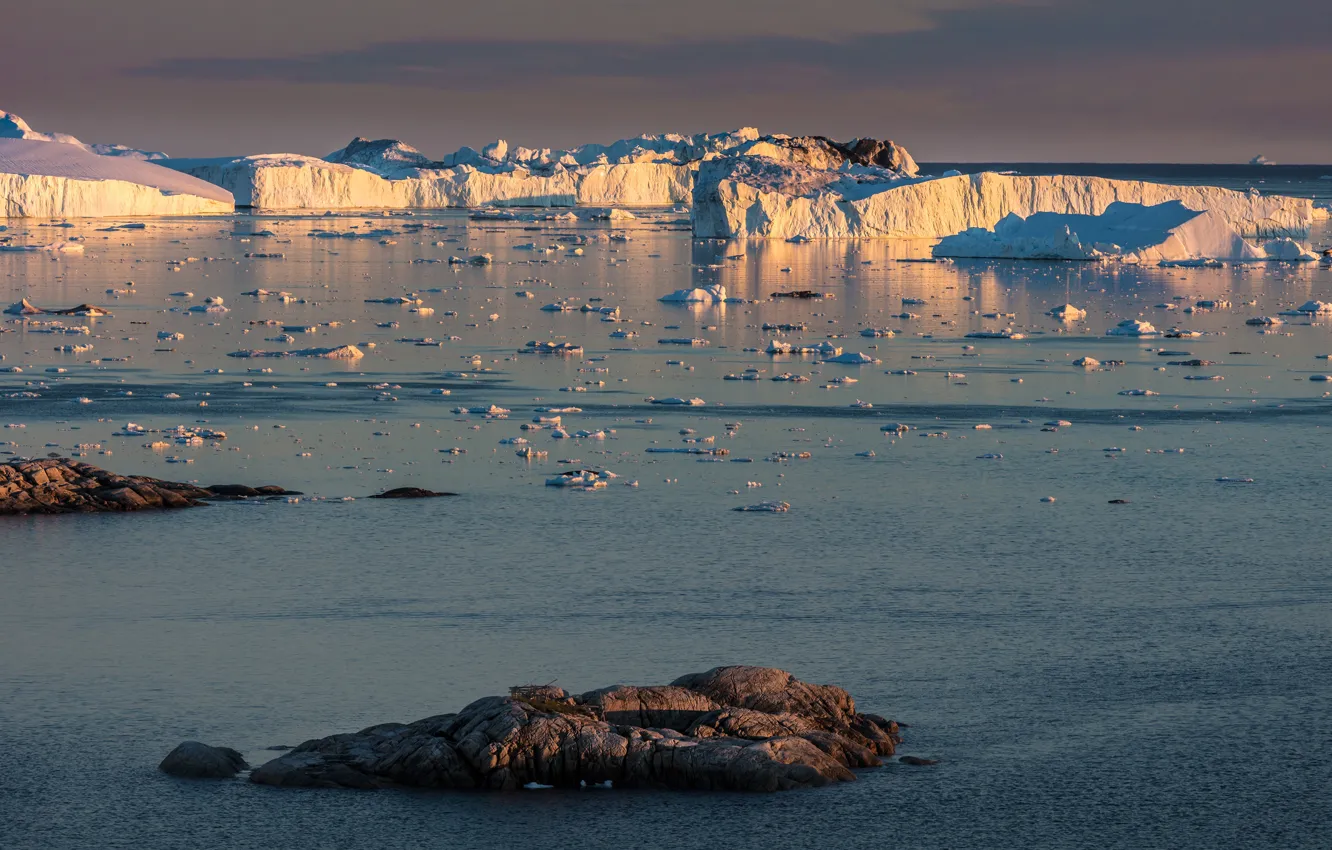 Photo wallpaper ice, winter, sea, the sky, water, light, nature, stones