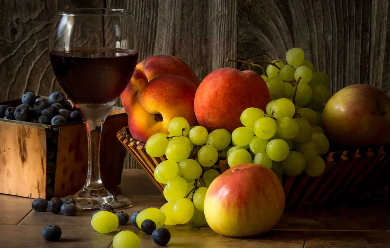 Photo wallpaper green, berries, table, box, wine, apples, Board, glass