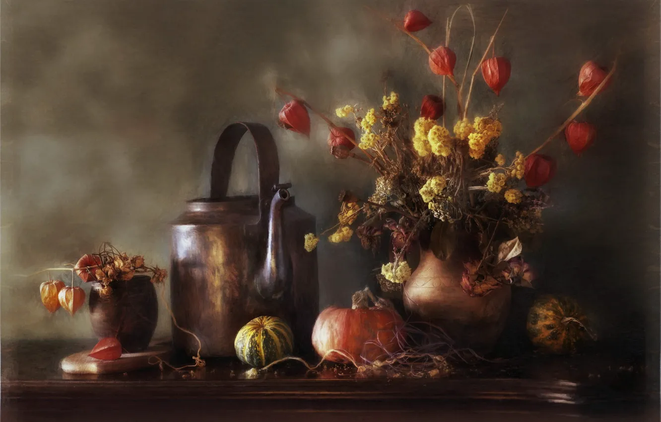 Photo wallpaper flowers, metal, table, bouquet, blur, kettle, pumpkin, pitcher