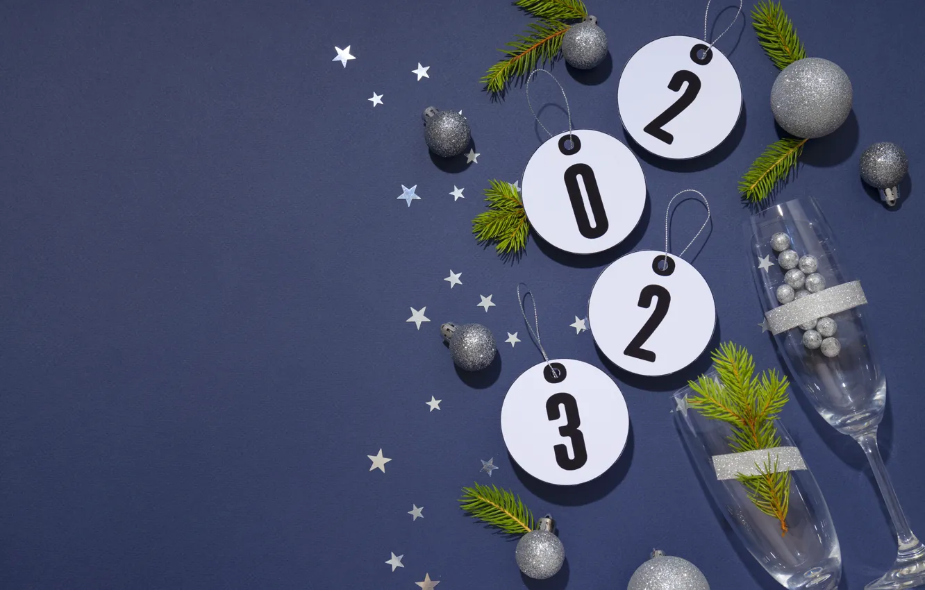 Photo wallpaper balls, branches, round, silver, glass, new year, figures, mug