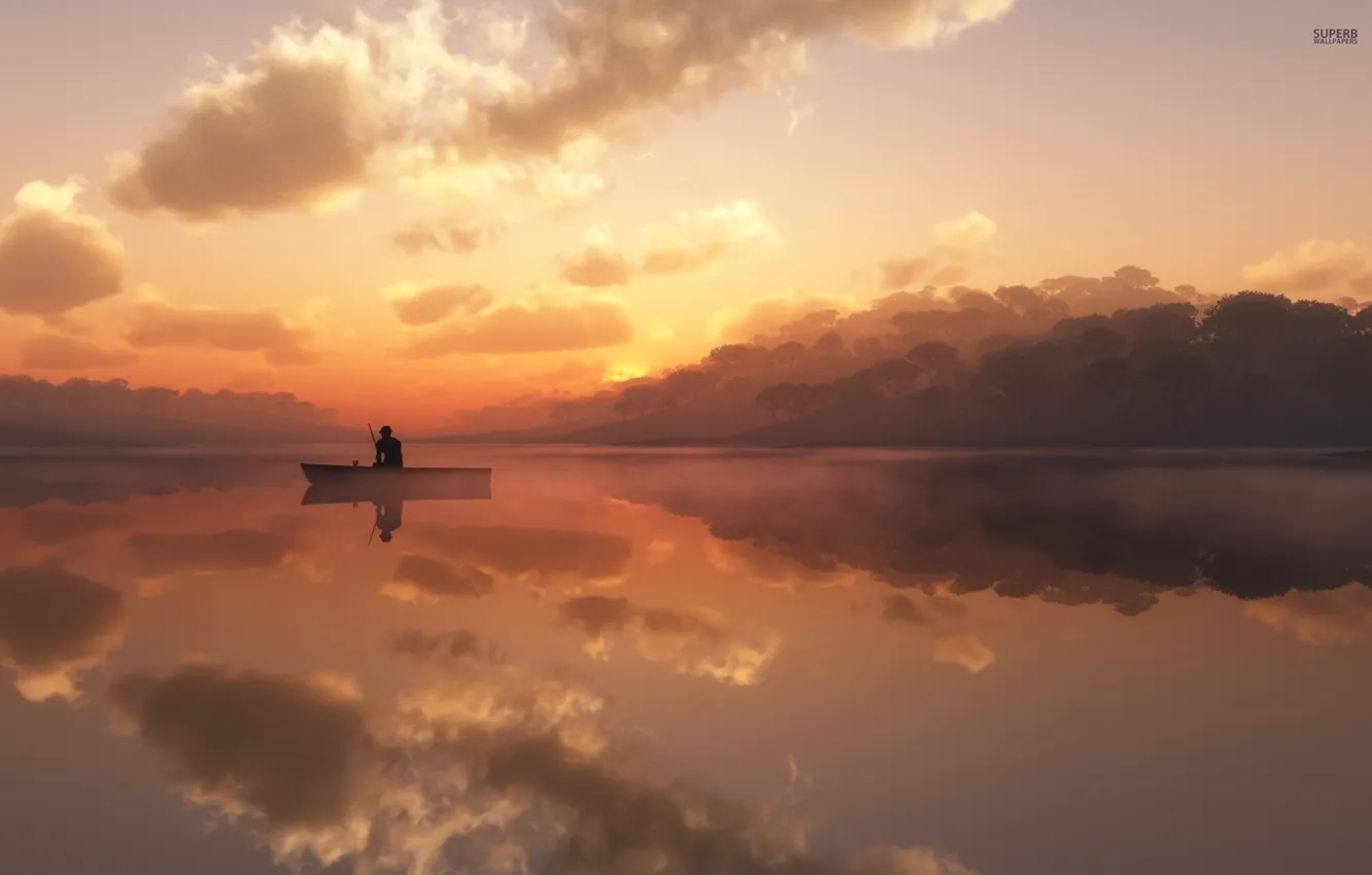 Photo wallpaper lake, boat, fisherman, morning