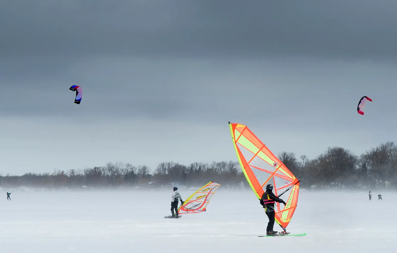Photo wallpaper winter, snow, the wind, snowboarding, Ontario, kite, Keswick, Snowkiting
