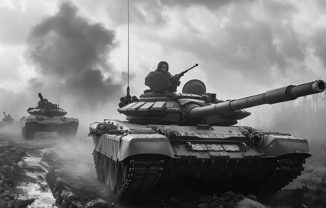 Photo wallpaper retro, smoke, dirt, tank, black and white, tankers, digital art, AI art