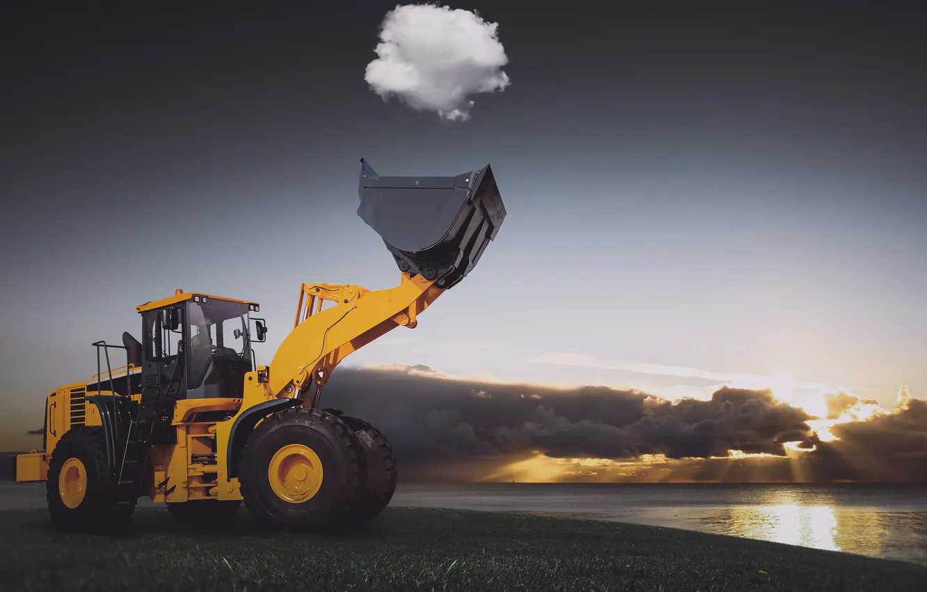 Photo wallpaper the sun, clouds, lake, tractor