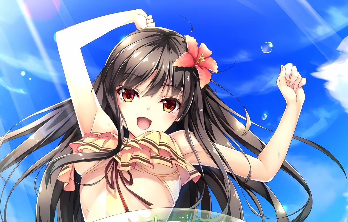 Photo wallpaper girl, sexy, wet, cleavage, sky, long hair, brown hair, boobs