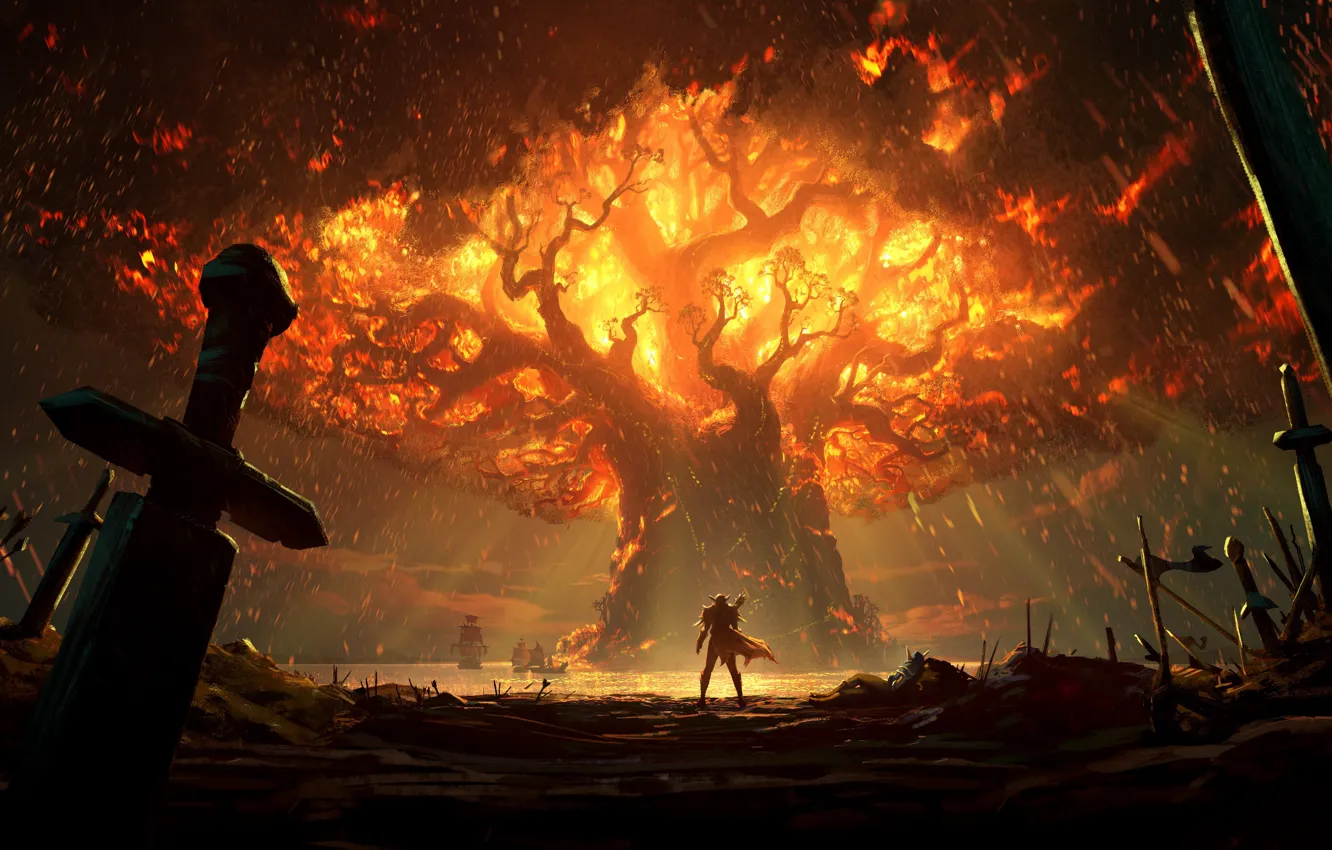 Photo wallpaper flame, battlefield, the world tree, damn place, World of WarCraft, warrior with sword, Battle for …