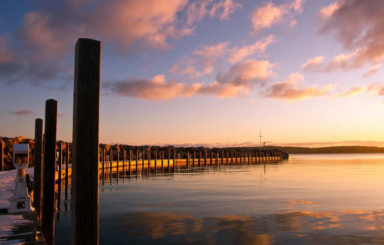 Photo wallpaper landscape, sunset, lake, pier