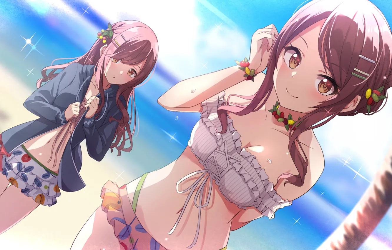 Photo wallpaper girl, sexy, cleavage, beach, long hair, sea, boobs, anime