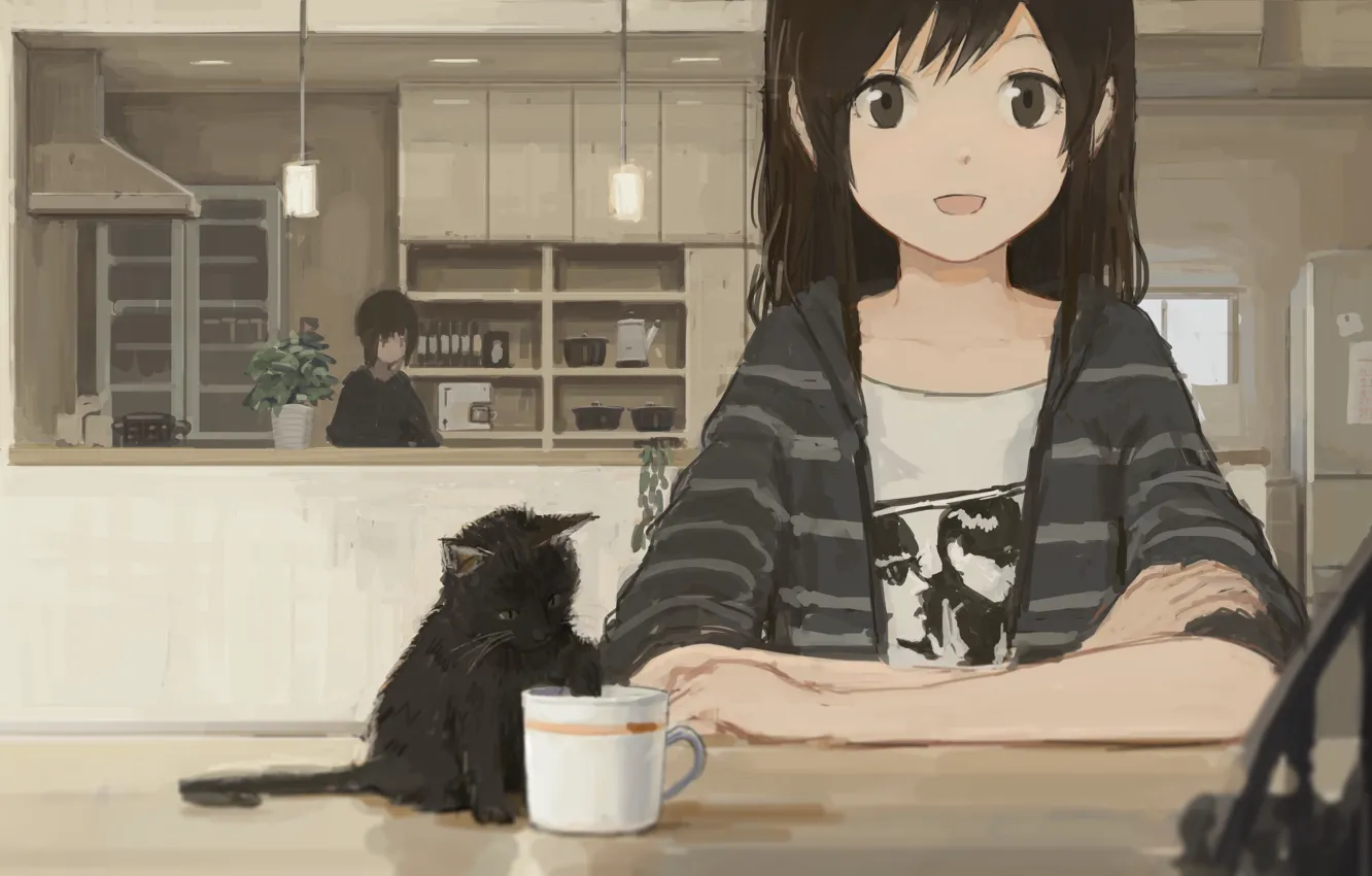Photo wallpaper cat, smile, girls, anime, art, Cup, shion, mirudakemann