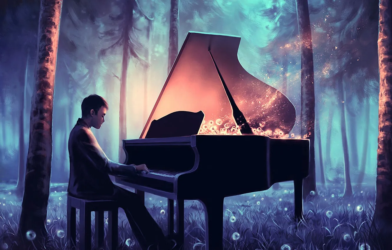 Photo wallpaper forest, night, music, dandelion, magic, art, piano