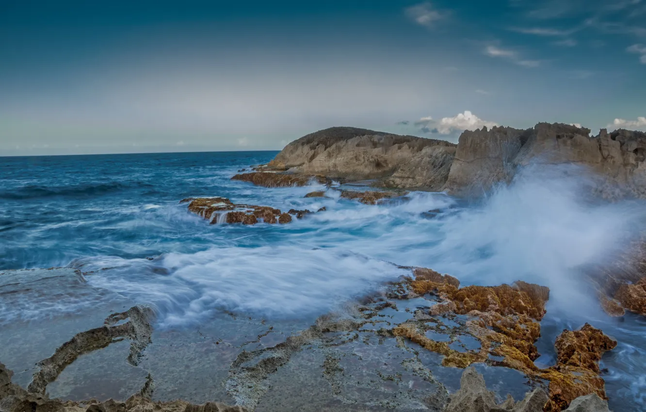 Photo wallpaper sea, the sky, squirt, storm, stones, rocks