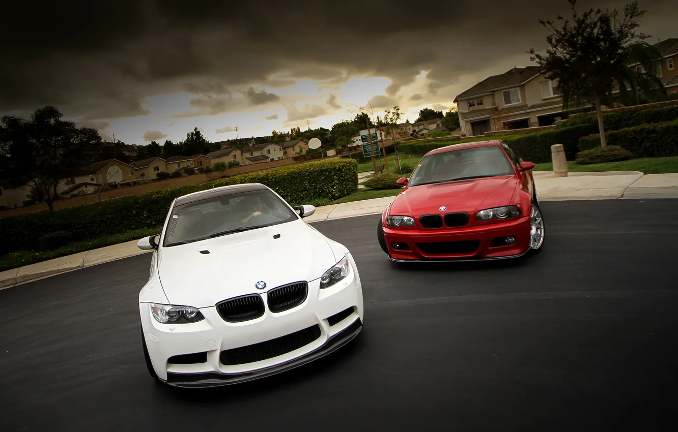 Photo wallpaper white, the sky, red, clouds, bmw, BMW, red, white