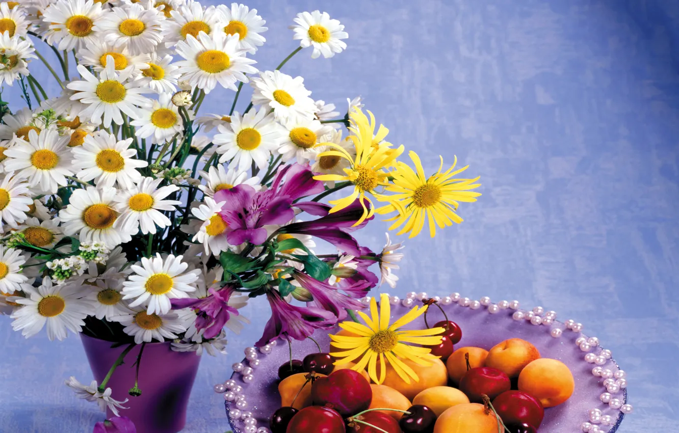 Photo wallpaper flowers, cherry, photo, chamomile, bouquet, still life, peaches, cherry