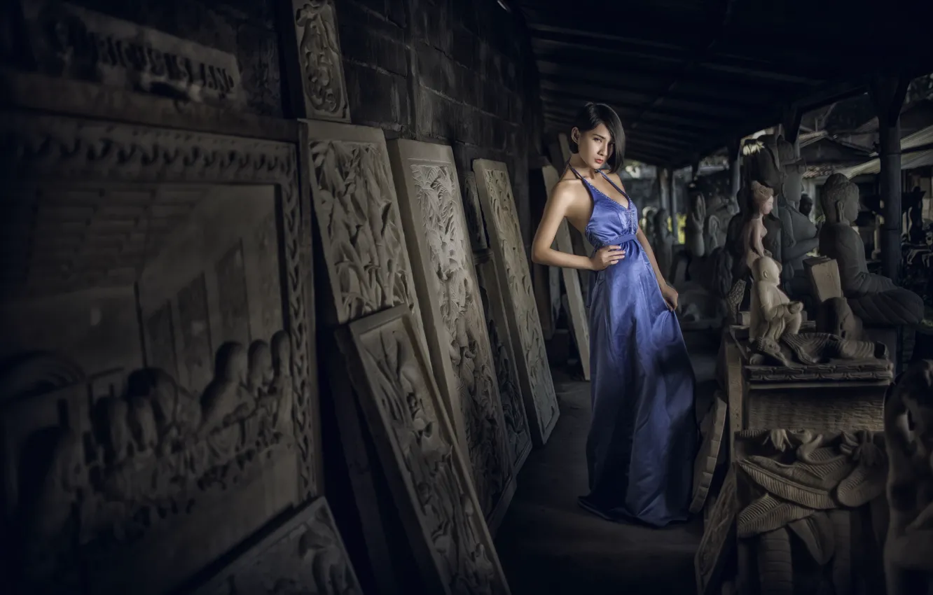 Photo wallpaper girl, pose, style, dress, Asian, sculpture