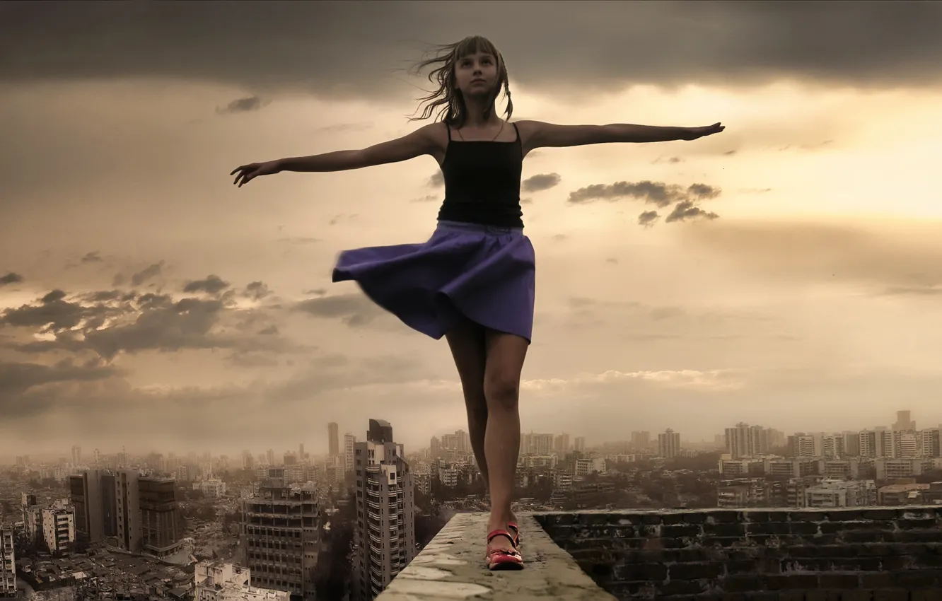 Photo wallpaper roof, girl, clouds, the city, the wind, the evening