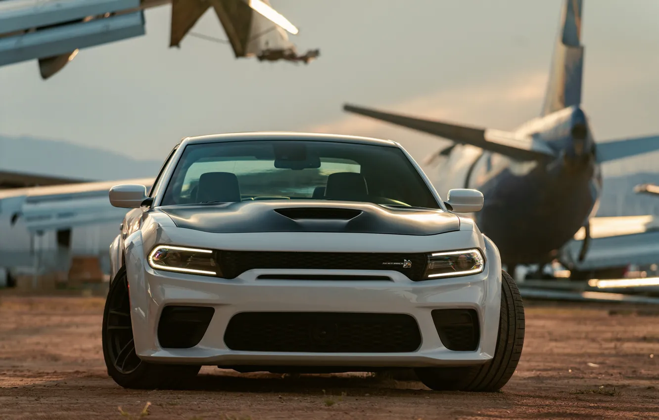 Photo wallpaper Muscle, Dodge, Front, Charger, White, Dodge Charger, Tuning, Scat Pack