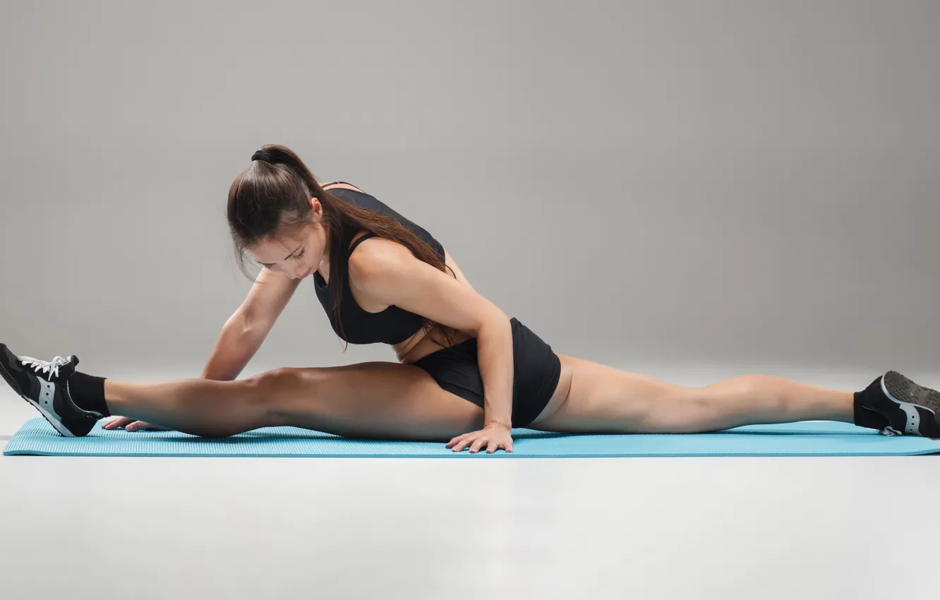 Photo wallpaper girl, girl, fitness, grey background, twine, exercise, fitness, exercise